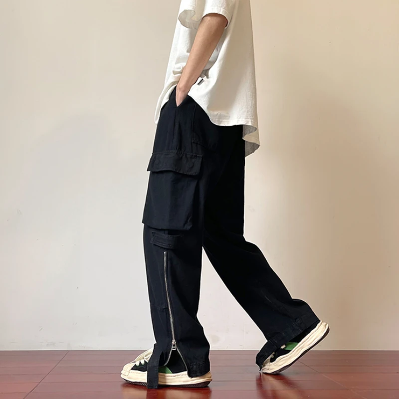 Cargo Pants Men Simple Handsome Streetwear Spring Autumn Solid Multi Pockets Side-slit Zipper Japanese Style Male All-match Cozy