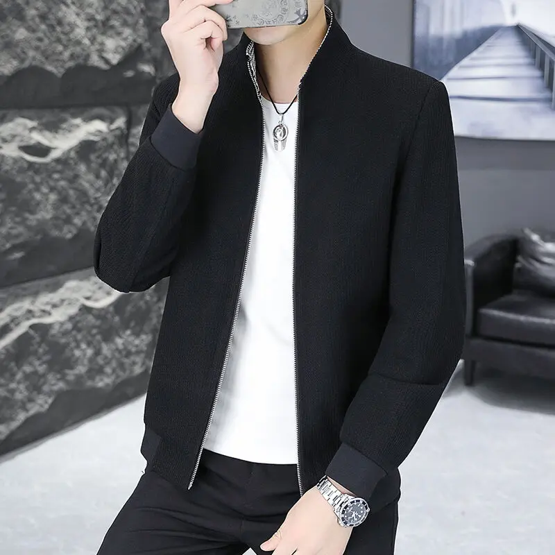 

2025 Spring Waffle Jacket Men Stand Up Collar Slim Zipper Jacket Solid Color Casual Business Social Streetwear Bomber Jacket