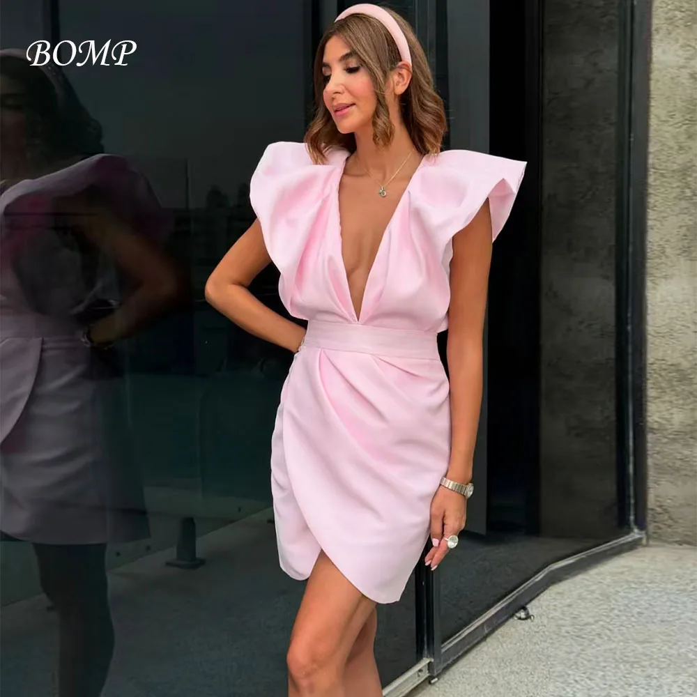 

BOMP современное розовое короткое платье для особых случаев с v-образным вырезом и складками из тафты, платья для дня рождения по индивидуальному заказу для женщин, 2025 г.