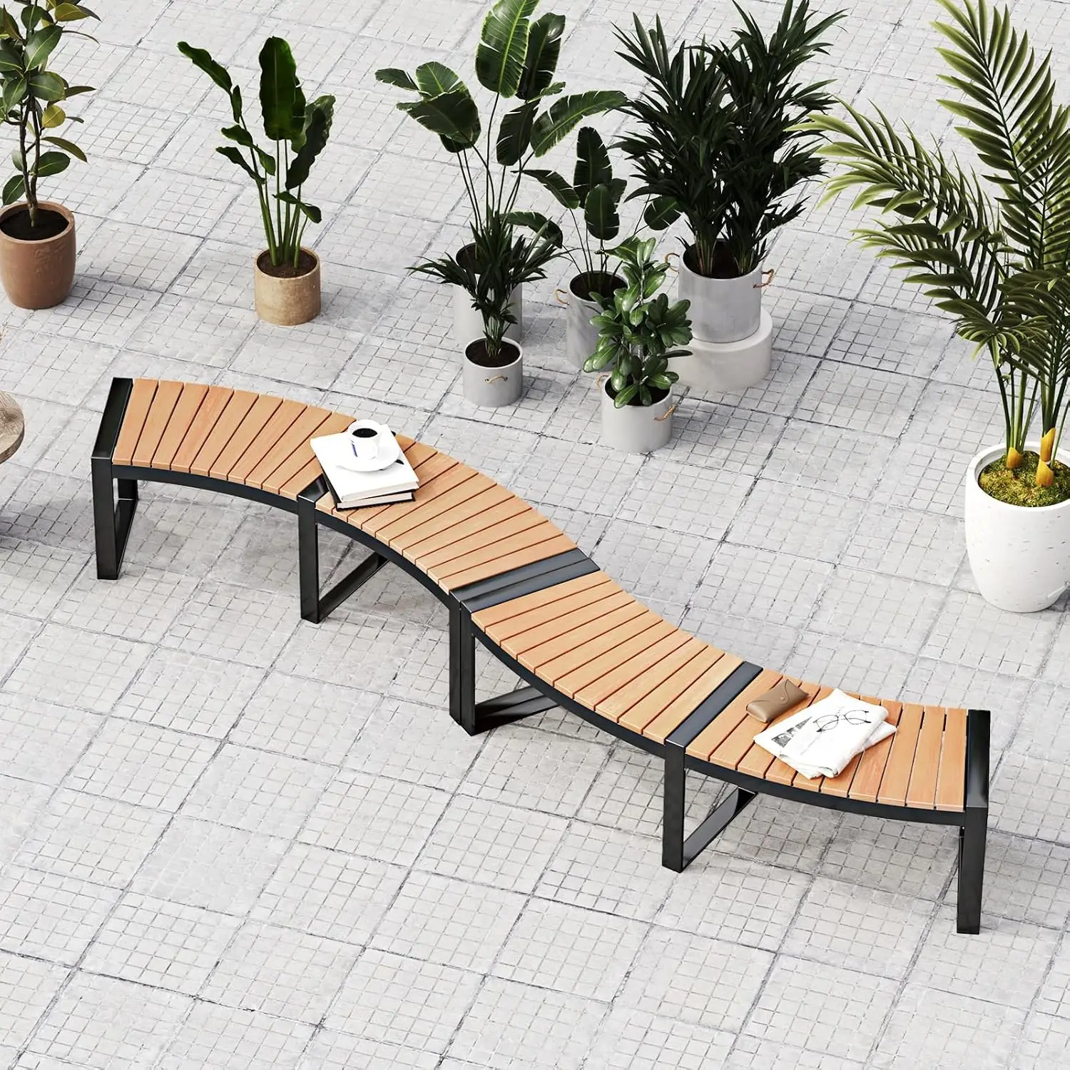 Acacia Wood Curved Fire Pit Bench, Metal Frame Slatted Seat, Outdoor 2-Person Seating, Yard Deck Porch, 800 LBS, Customized