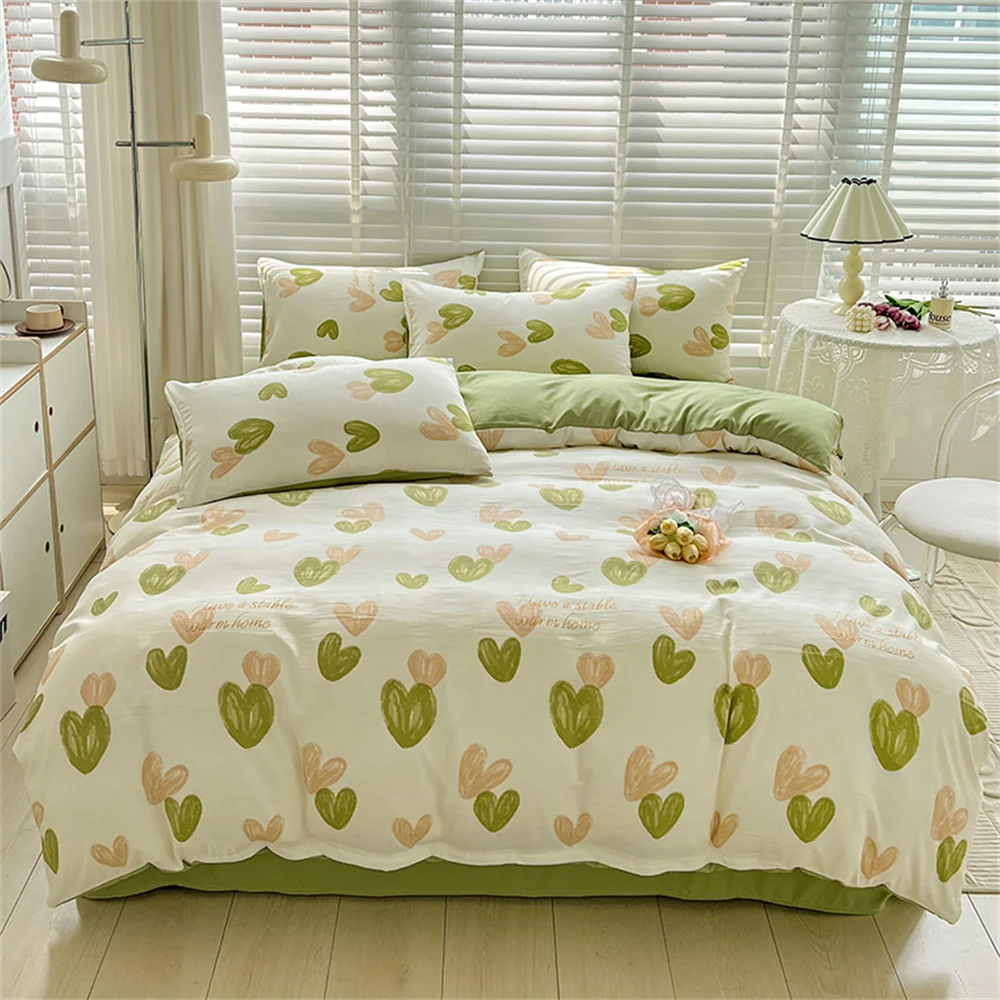 Imagem -03 - Conjunto de Cama de Algodão Lavado para Mulheres e Crianças Fronha Simples Capa de Edredão Elegante Lençol Têxteis Domésticos Peças