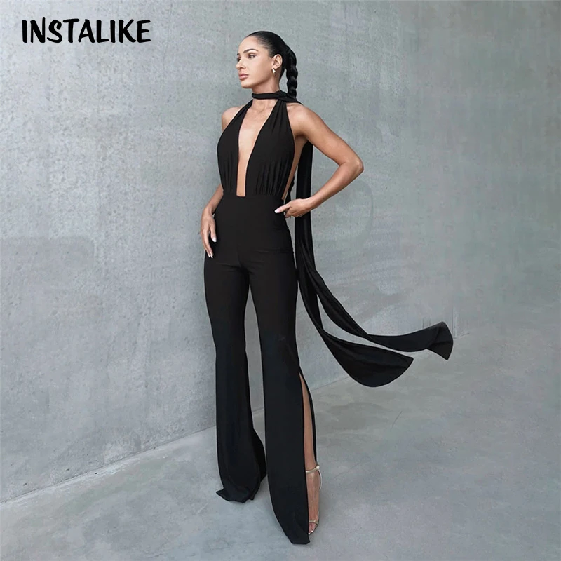 

Cut Out Deep V Wrap Around Halter Rompers for Women, Backless Flare, Side Slit Pants, Jumpsuits, Fashion Outfits, Sexy Overalls