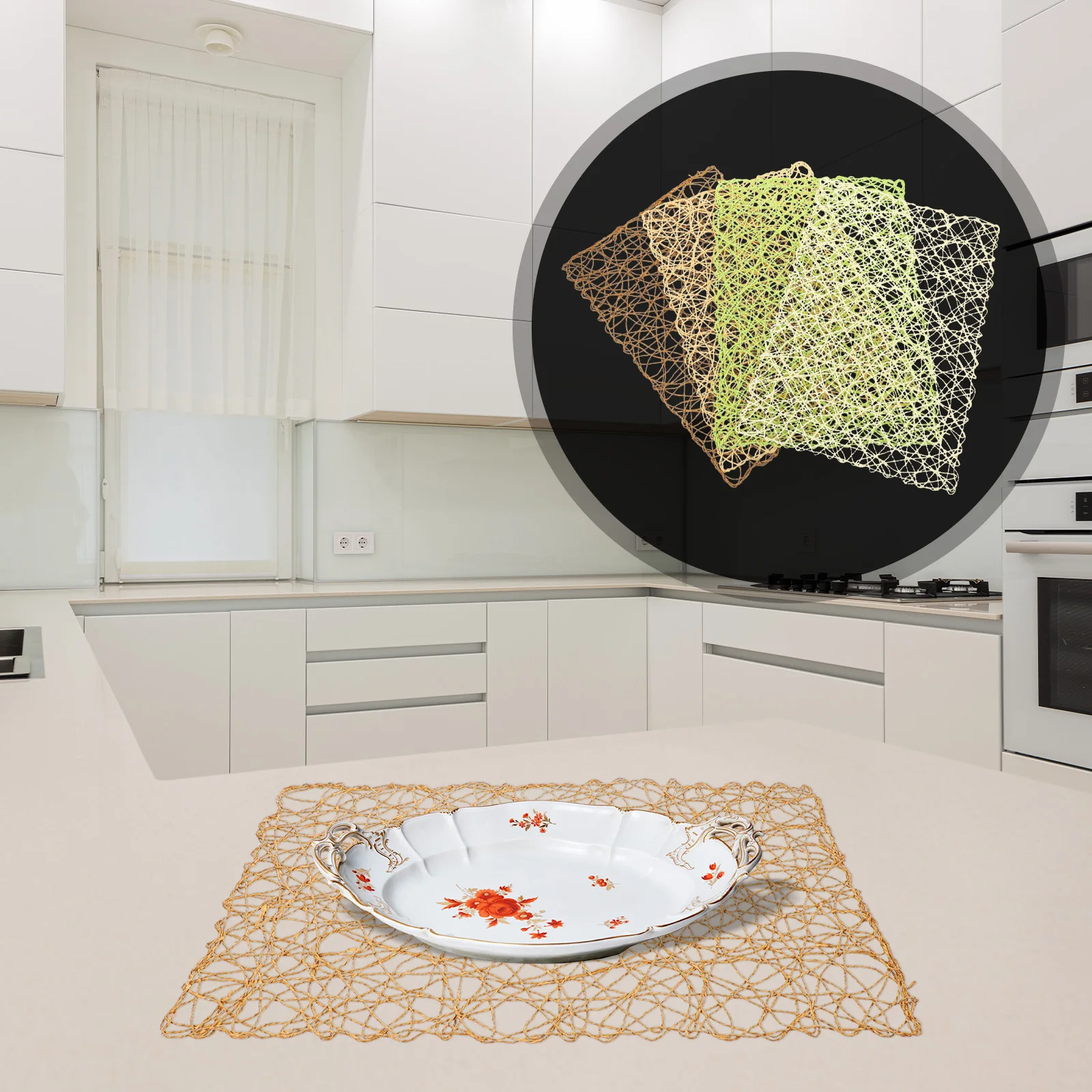 

4Pcs Handwoven Paper Rope Placemat Hollow Design Rustic Rectangular Heat Resistant Table Mat Dining Room Decor Coaster