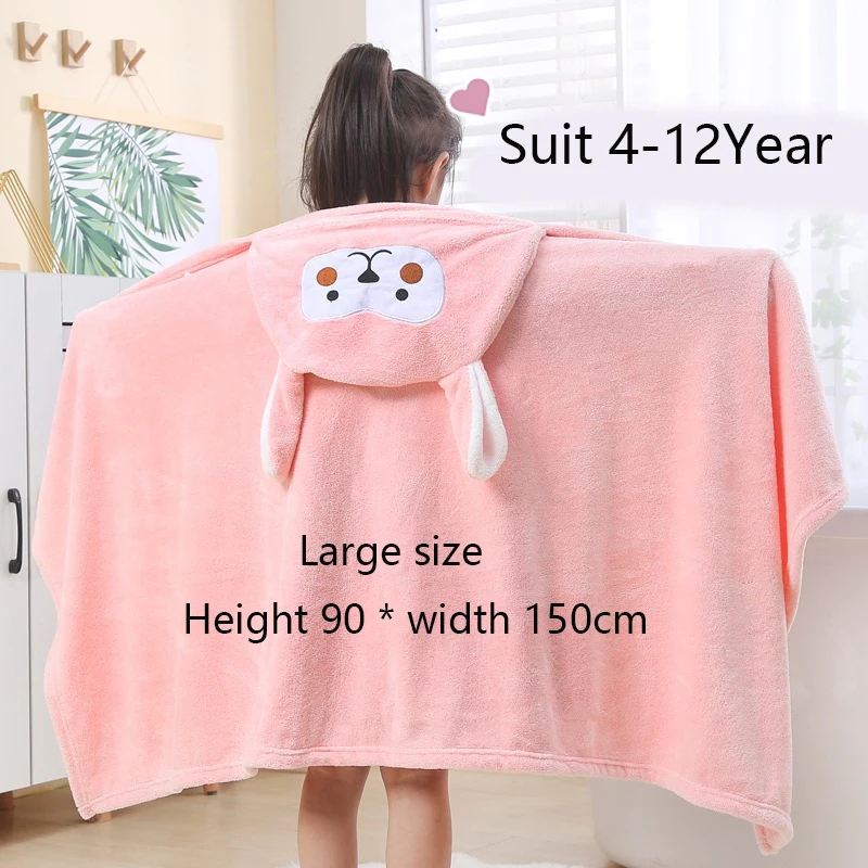 4-12 Year Children Girl Robes Winter Bathrobe Flannel Sleepwear Cartoon Girls Hooded Bathrobe Teen Swim Water Uptake Bath Towel