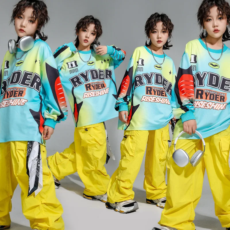 Hip Hop Jungen Print Sweatshirt Weste Cargo Hosen Mädchen Cool Jazz Street Dance Kostüm Kinder Kleidung Set Kinder K-pop Streetwear