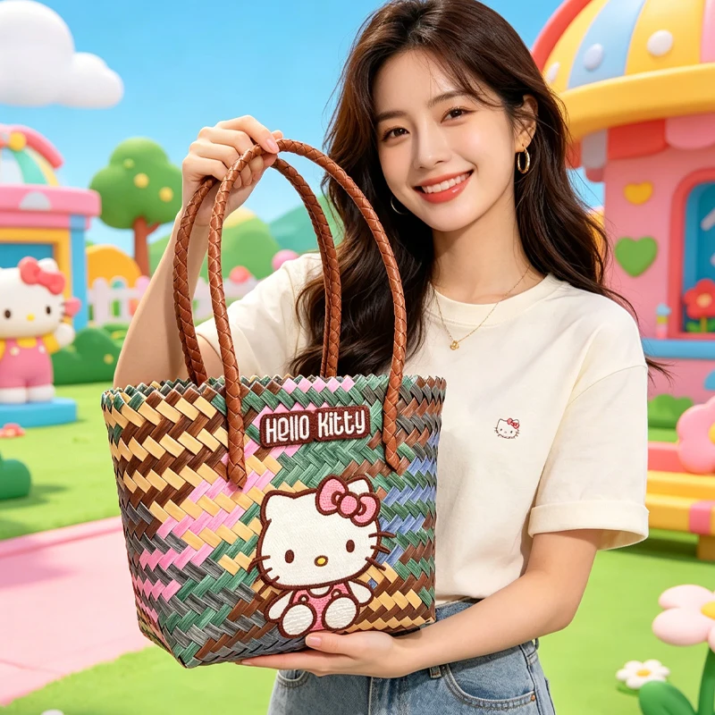 

Anime Hello Kittys Crossbody Bag Handmade Knit Vegetable Basket Bag for Woman Kawaii Cartoon Girl Handbag Bags