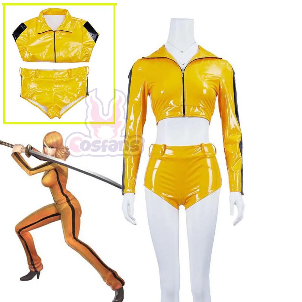 Movie Kill Bill Cosplay Costume Yellow Sexy Top Shorts The Bride Beatrix Kiddo Cosplay Tight Navel Exposed Leather Jacket Women