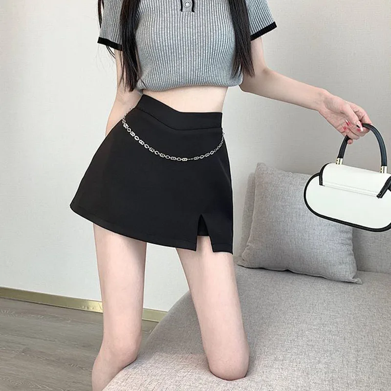 New Korean High Waist Mini Skirt Ladies Fashion Metal Chain Decorate Suit Short Skirt Women Sweet Cute Anti-Glare A-Line Skirts