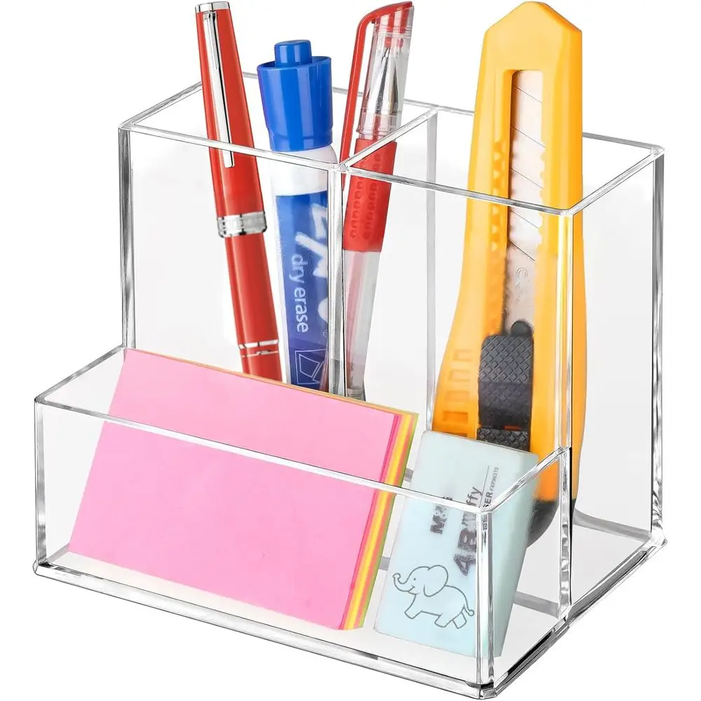 

3 Compartments Clear Acrylic Pen Marker Holder Desk Organizer For Home Office Classroom Bathroom Stationery Storage
