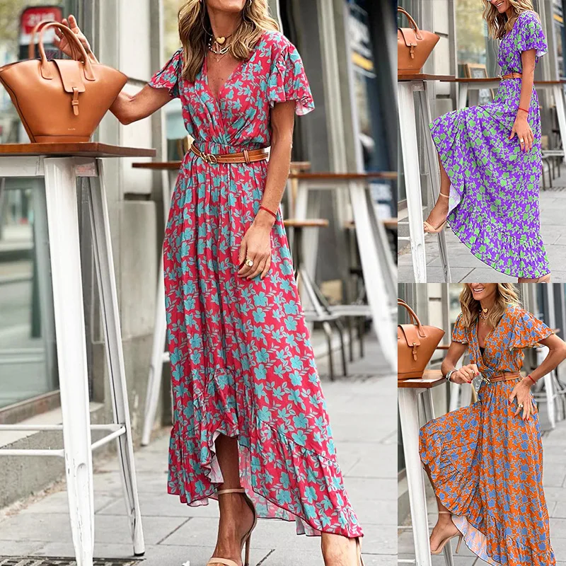 

Women's Autumn New Fashion Printed V-Neck Casual Irregular Dress