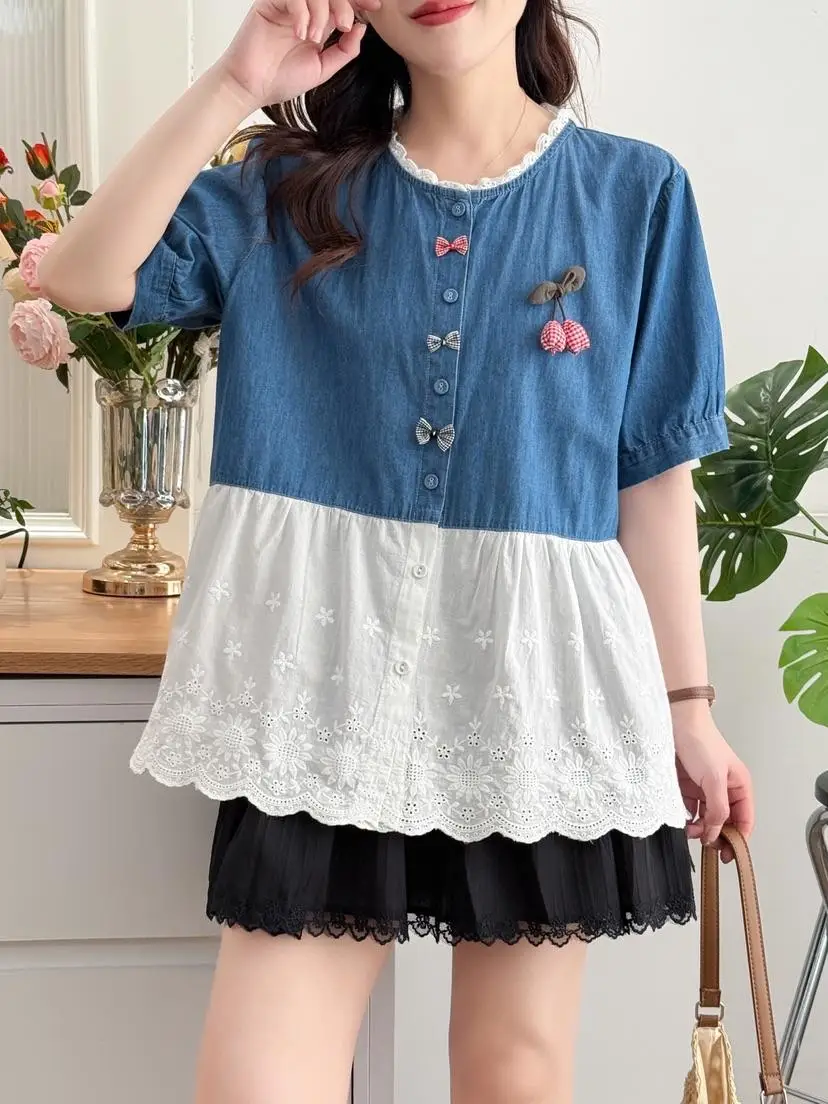 

Женская джинсовая рубашка вишневого цвета с круглым вырезом и короткими рукавами, свободная кружевная отделка, модный топ