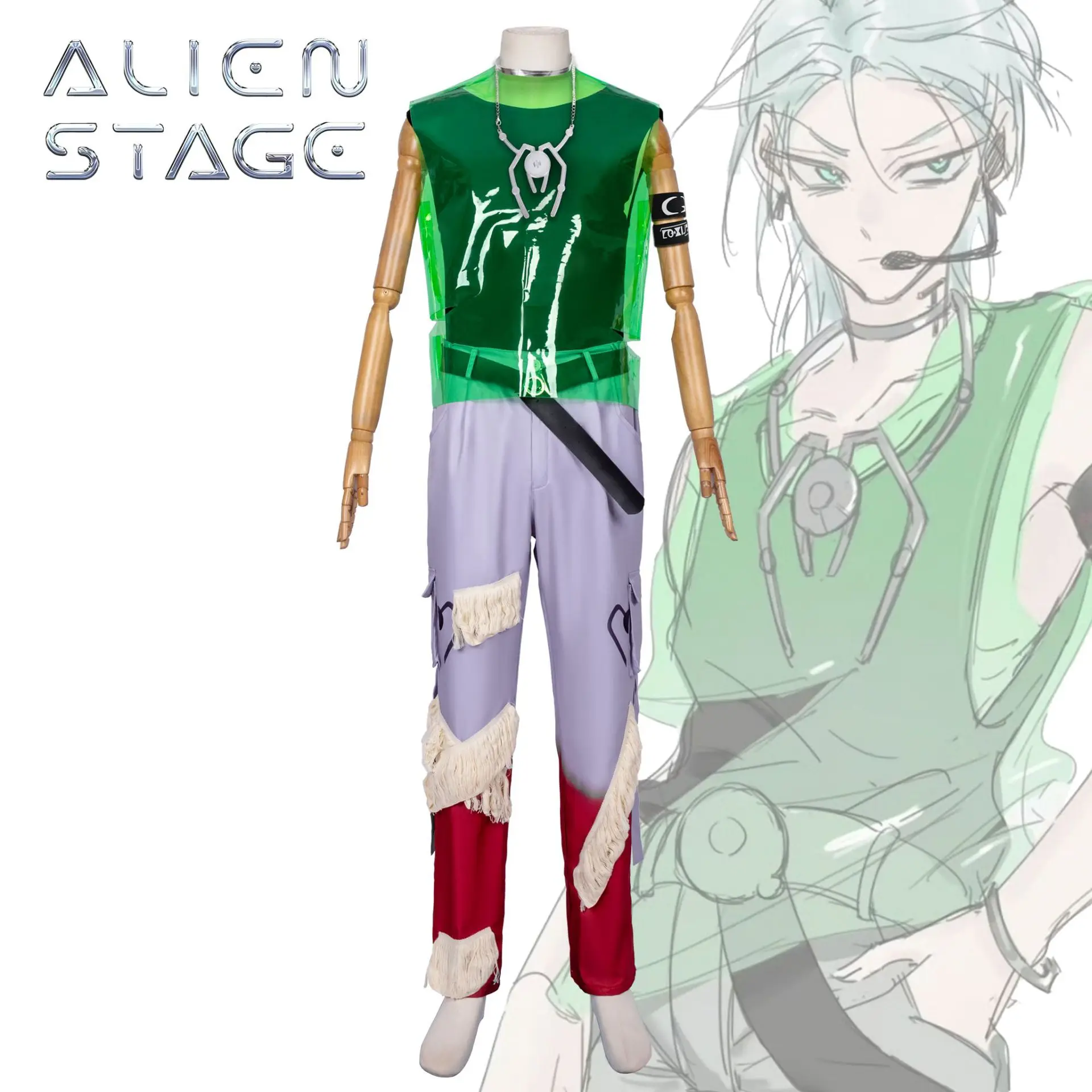 

Till Косплей Alien Stage R7 Blink Gone Зеленый Жилет Наряд Костюм Повязка Опора Ожерелье Декор Брюки Унисекс Производительность Вечеринка