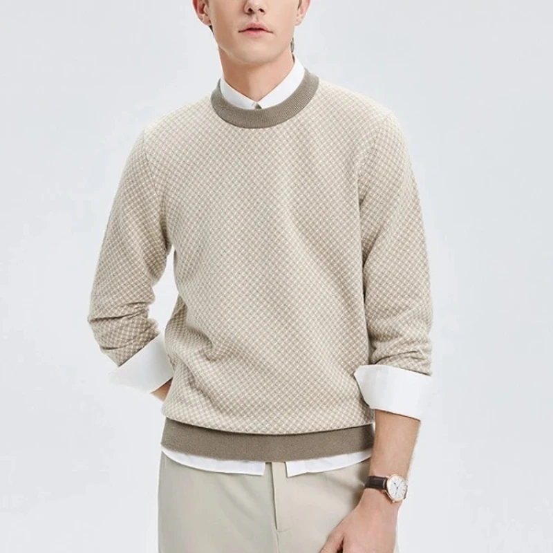 100% Cotton Textured Grid Knit Sweater – Long Sleeve Crewneck Slim Fit Pullover for Autumn Winter (3 Colors, M-4XL)