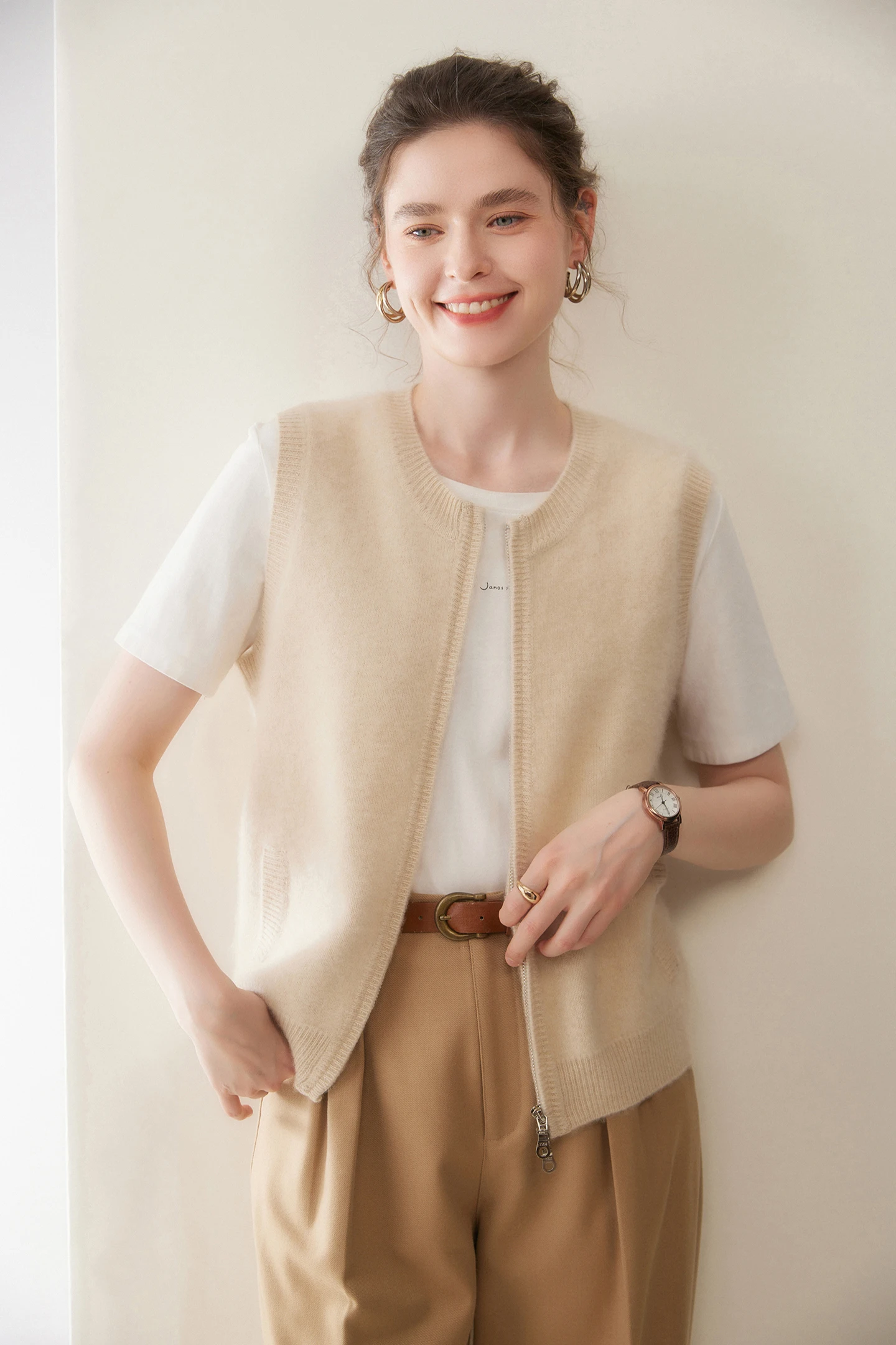 여성용 가을 겨울 100% 캐시미어 두꺼운 O넥 민소매 가디건 베스트 캐주얼 부드러운 두꺼운 니트 스웨터 다용도 탑