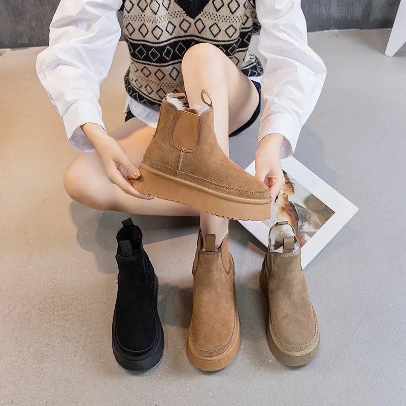 ZR DIARY Leather Snow Boots Women Winter Cow Suede Ankle Boots Thick Sole Warm Fur Chelsea Bootie for Female 6691