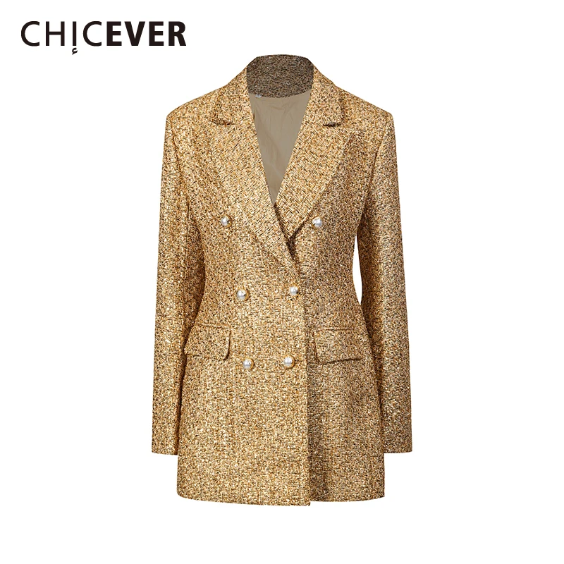 

CHICEVER золотая шикарная куртка с карманами, женская куртка с лацканами и длинными рукавами, утягивающие роскошные офисные женские куртки, осенний модный стиль