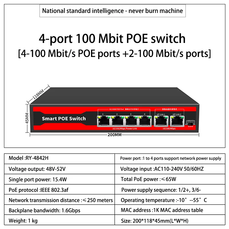 

Series POE switch with 4 ports, suitable for active POE of network cameras, wireless AP switch, 100Mbps IEEE 802.3 AF/AT