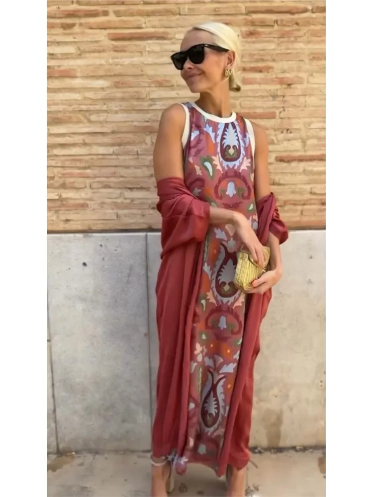 new Autumn Women's Two-piece Sets Dress Sleeveless Round-neck Ankle-length Sundress Cape Coat Bohemian Printed Vacation Dress image 2