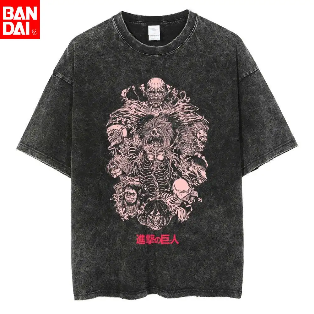Camiseta Oversize Vintage Lavada de Algodón para Hombre con Gráfico de Anime de Ataque a los Titanes: Los Nueve Titanes, Colección Verano 2026, Estilo Urbano Casual