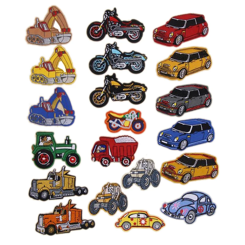 New arrival 10 pcs digging machine Motorcycle car Embroidered patches iron on cartoon Motif Applique hat bag shoe accessory