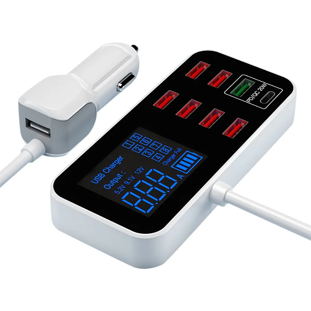 8A 40W USB Phone Charger QC3.0 USB C Type C Fast Charger 8 Ports 2.4A Digital Display Charging Station Portable Travel Charger