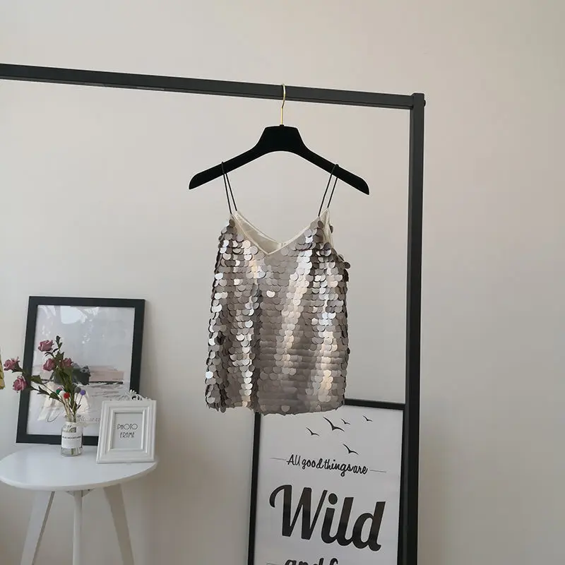 Haut camisole à bretelles à col en V, vêtements de performance sur scène, paillettes scintillantes de Rotterdam, coupe couvertes, rétro américain, sexy, mode estivale, nouveau