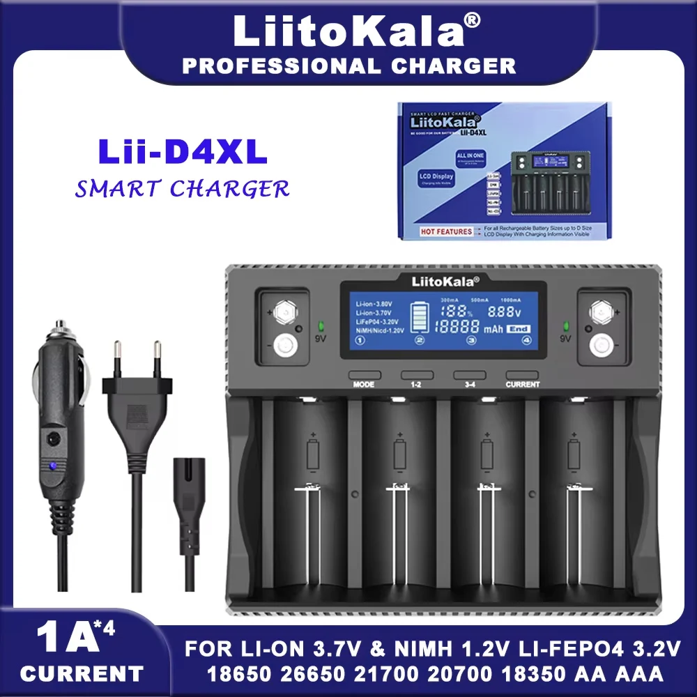 

LiitoKala Lii-D4XL Lii-PD4 LCD Display 21700 18650 3.7VLi-ion 3.2V LiFePO4 1.2V NiMH/Cd 26650 26700 32700 9V Battery Charger