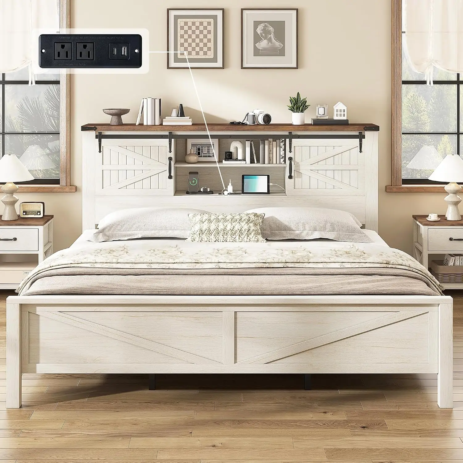King Platform Bed with Bookcase Headboard & Power Outlet, Rustic Wood Barn Door, No Box Spring, Antique White, Customized
