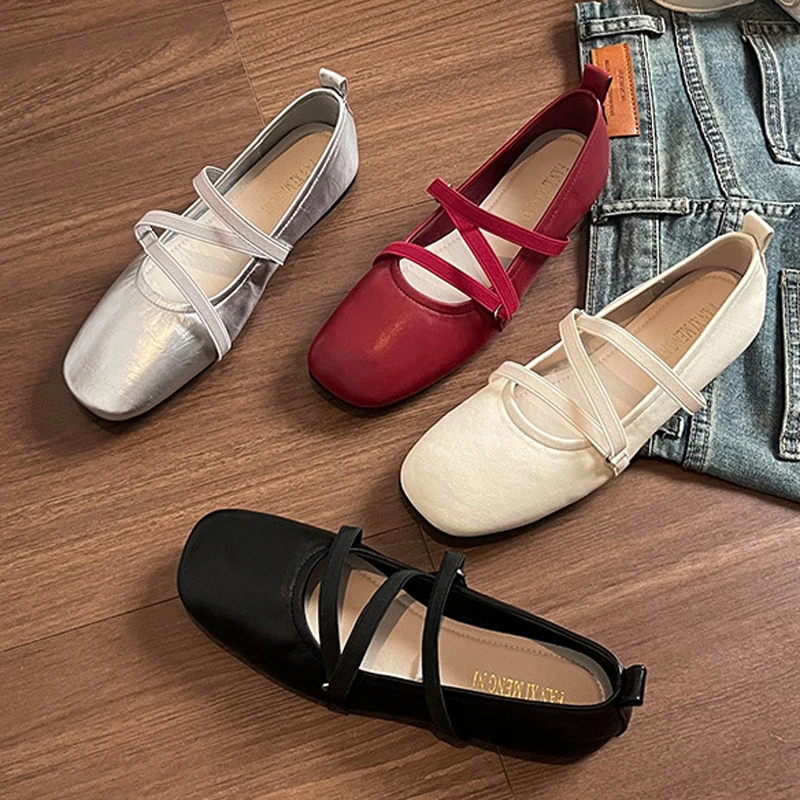 Zapatos de bailarina plateados con banda elástica, mocasines planos con punta cuadrada para Mujer, mocasines Tabis descalzos acogedores para Mujer, zapatos de Ballet para Mujer
