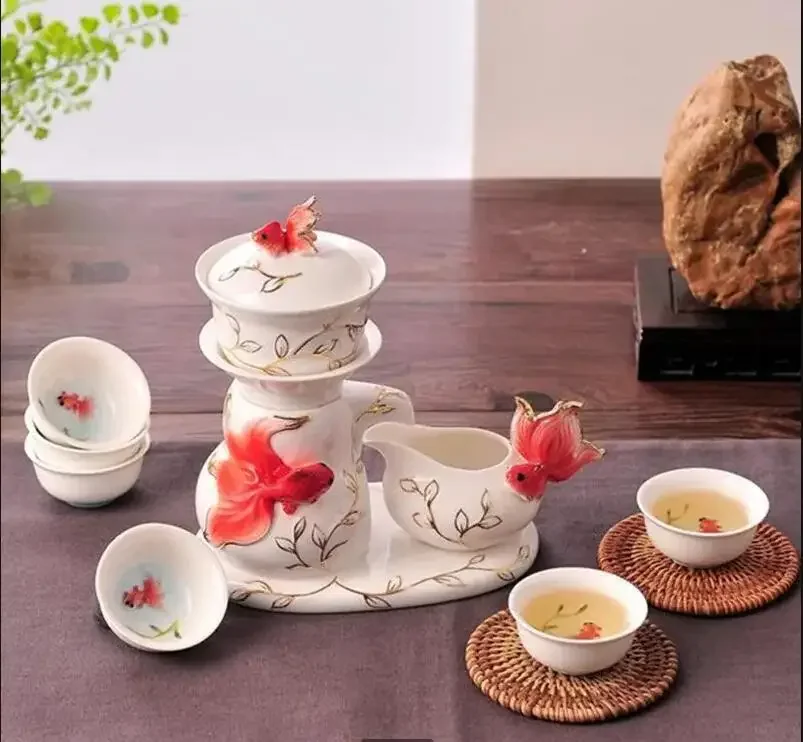 8Pcs/set Golden Fish Kung Fu Tea Set Ceramic Cup Fully Semiautomatic Pot Chinese Ceremony Home