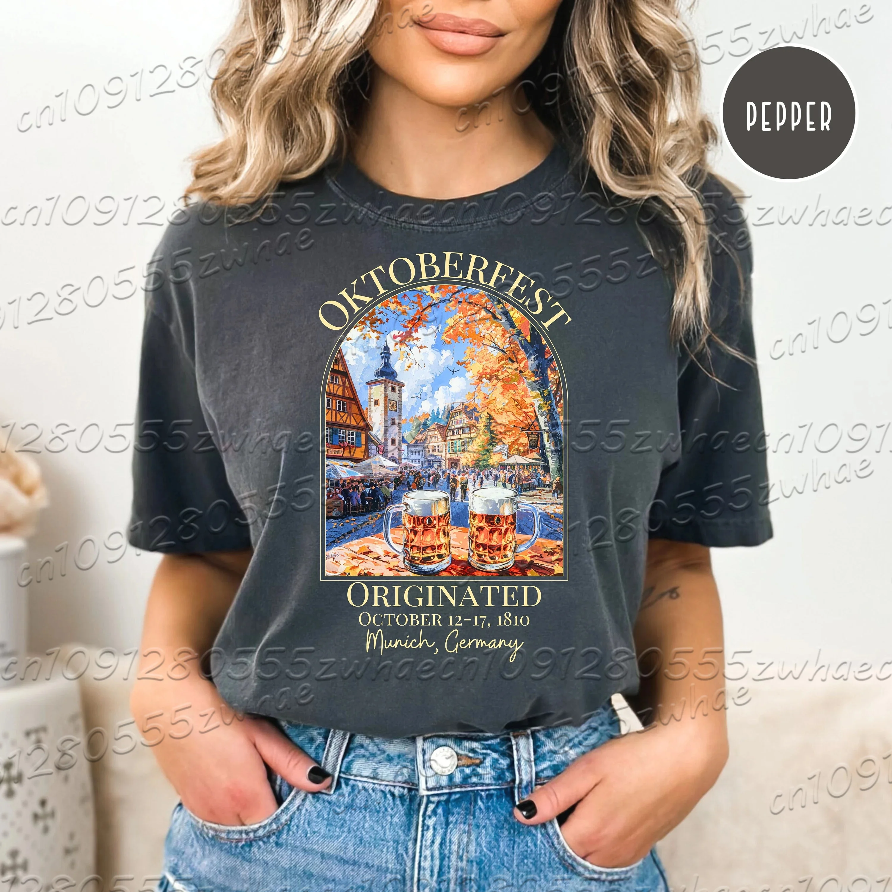 Munich Beer Festival Autumn Vacation Pattern T-shirt for Men and Women Beer Enthusiasts Festival Celebration Retro O-neck Top