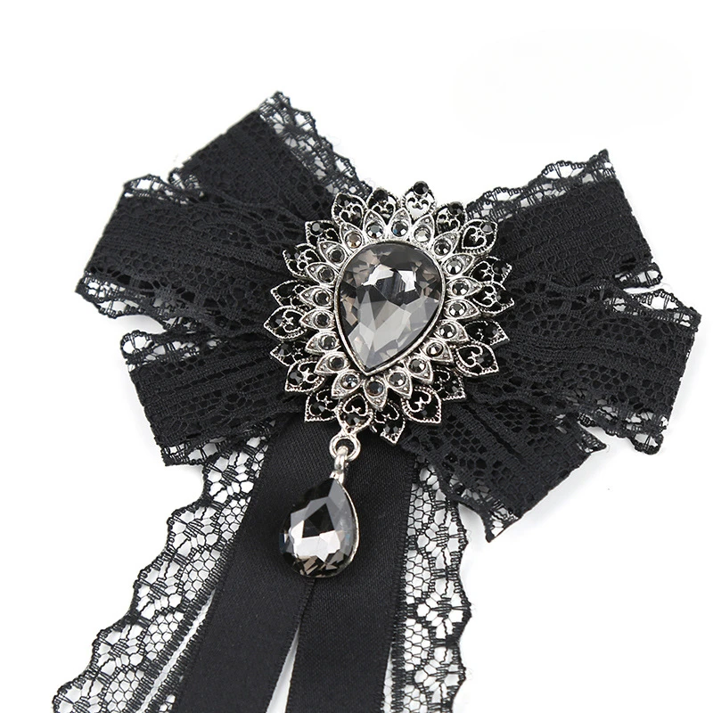 Korean New Elegant Black Lace Ribbon Rhinestone Bow Brooch for Women\'s Shirt with British Japanese College Style Accessories