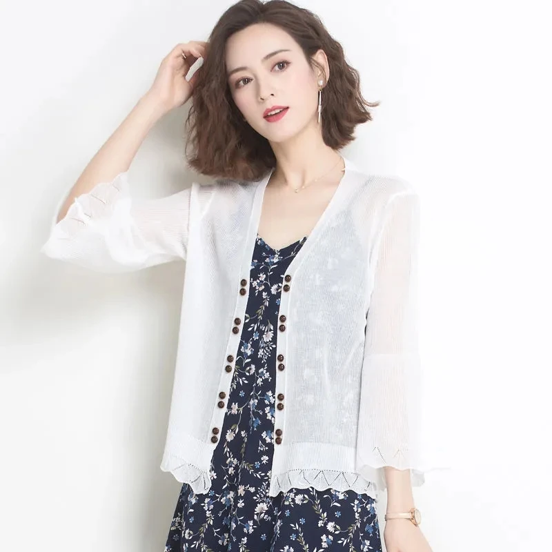 Ice Silk Knitted Cardigan Women\'s Jacket 2022 New Summer Autumn Thin Shawl Coat Short Sun Protection Clothing Female All Match