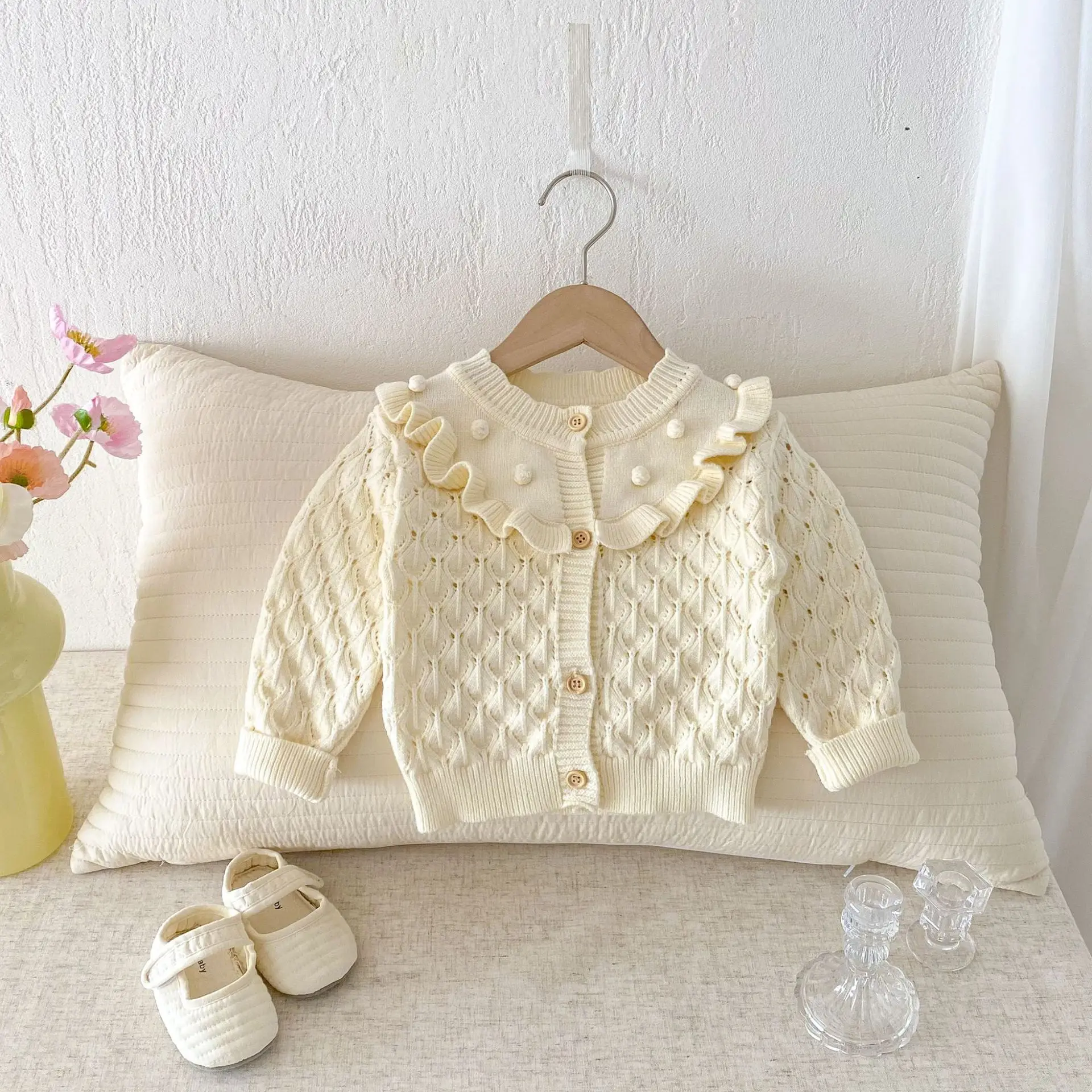 Korean Version of Children's Sweater Baby Girl Foreign Lotus Leaf Collar Hollow Knitted Cardigan Top Autumn Baby Coat