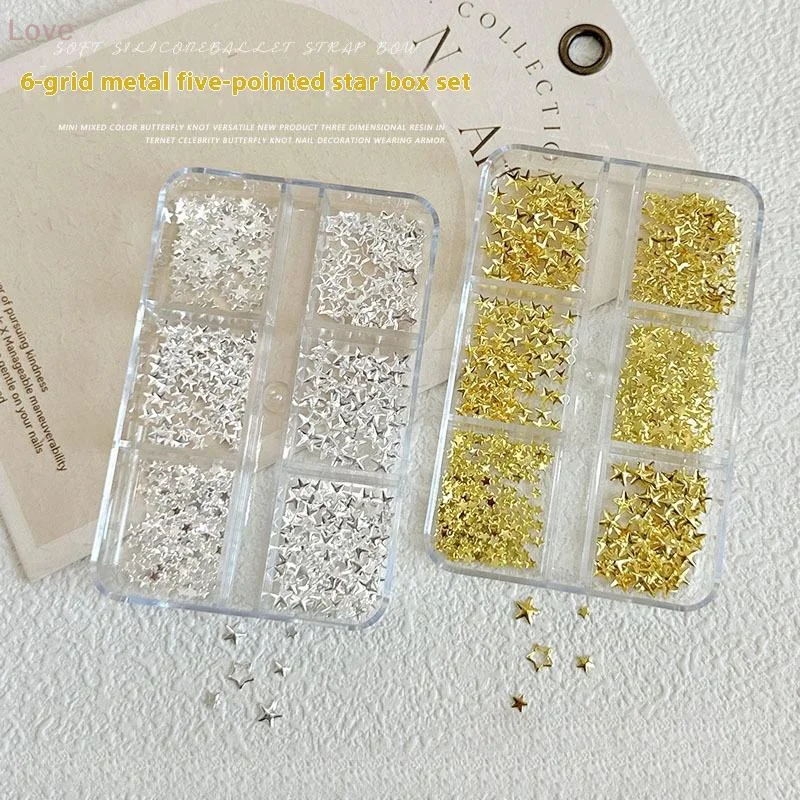 6 Siatek Metalicznych Złotych Srebrnych Ozdób do Paznokci, Cyrkonie w Kształcie Pentagramów, Nitki Dekoracyjne, Zawieszki do Manicure, Płaskie Ozdoby do Paznokci, Akcesoria do Paznokci, Elementy do Paznokci