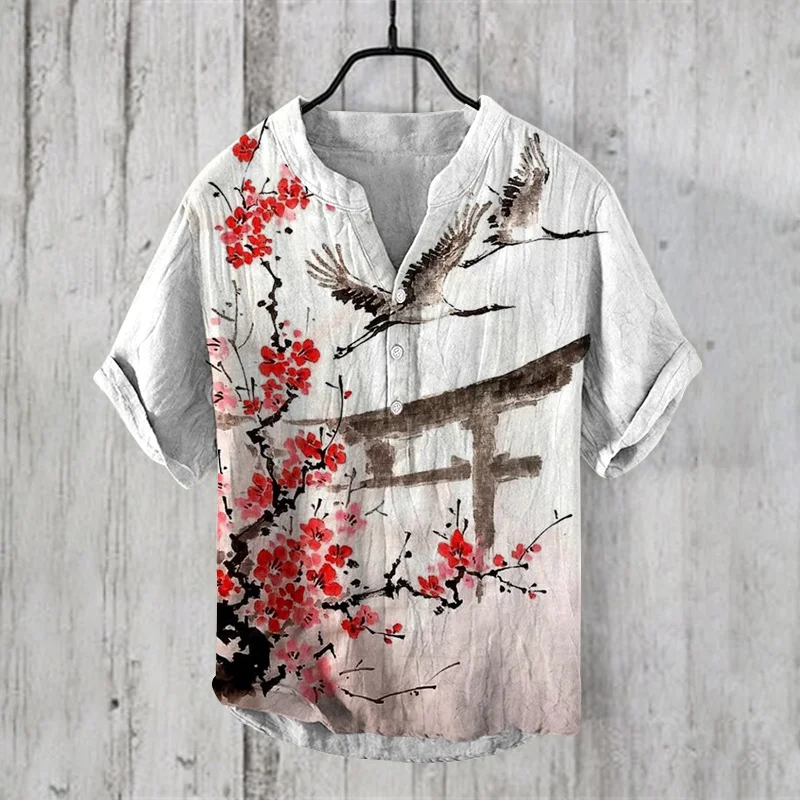 Camisa de manga corta de estilo japonés Hawaiano, hecha de tela de lino con patrón impreso templario, popular en Asia