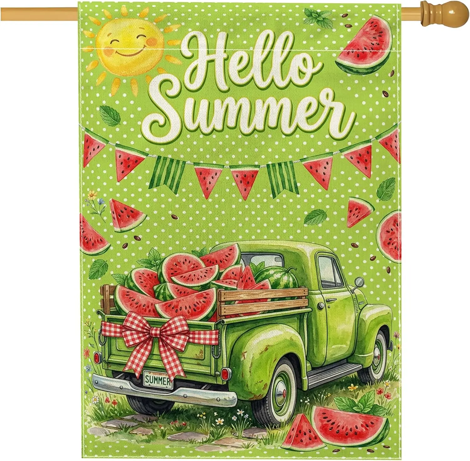 Watermelon House Flag, Summer Festive Sun Truck Summer Green Burlap Double Sided Outside Large Garden Flag for Outdoor Patio yyi