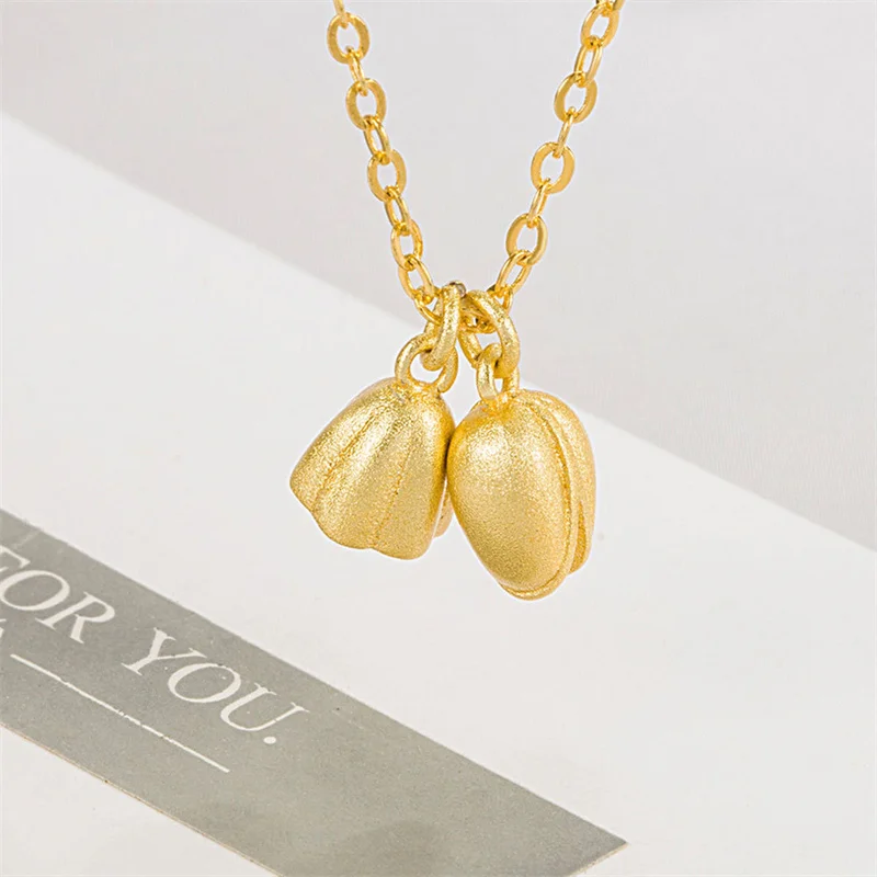 Q Gold Color Lotus Flower And Lotus Pod Pendant Necklace Vietnam Sandblasting Charm Necklace Chinese Style Blessing Jewelry Gift