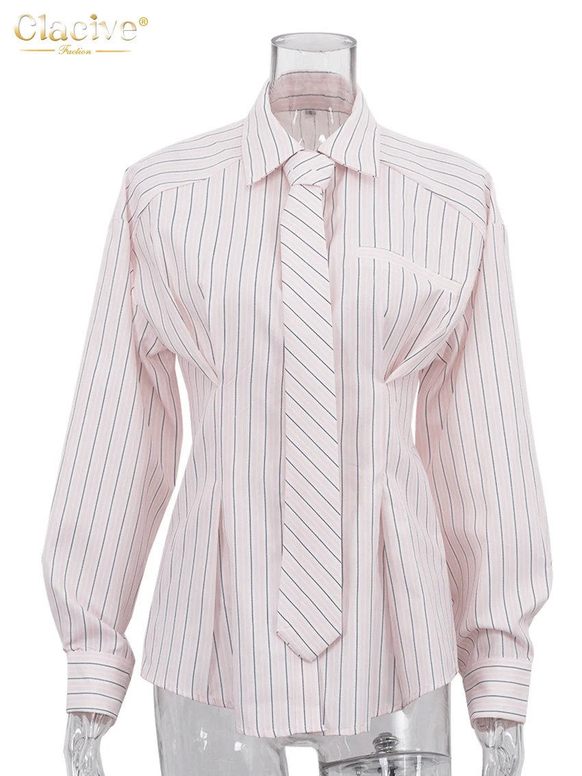 Clacive Fashion Loose Stripe Print Women's Shirt 2025 Casual Lapel Long Sleeve Blouse Elegant Classic Tie Top Female Clothing