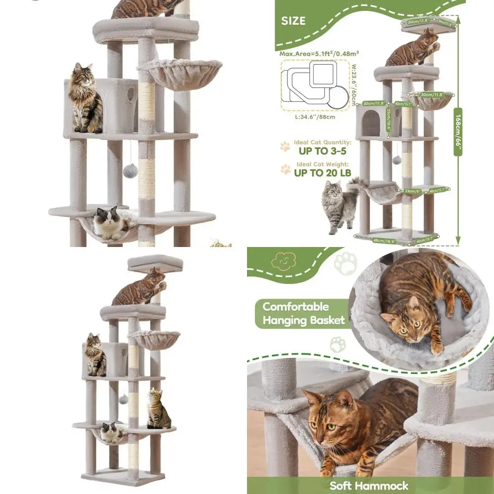 

Luxurious 66 Cat Tower with Scratching Posts, Hammock, and Adjustable Basket for Large Cats in Light Gray