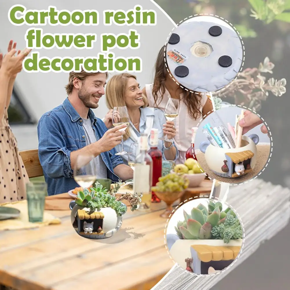 لطيف كيتي الثعلب وعاء نبات صغير الراتنج زارع نباتات للمنزل مكتب عمل زخرفة صغيرة الجنية حديقة الزهور الديكور