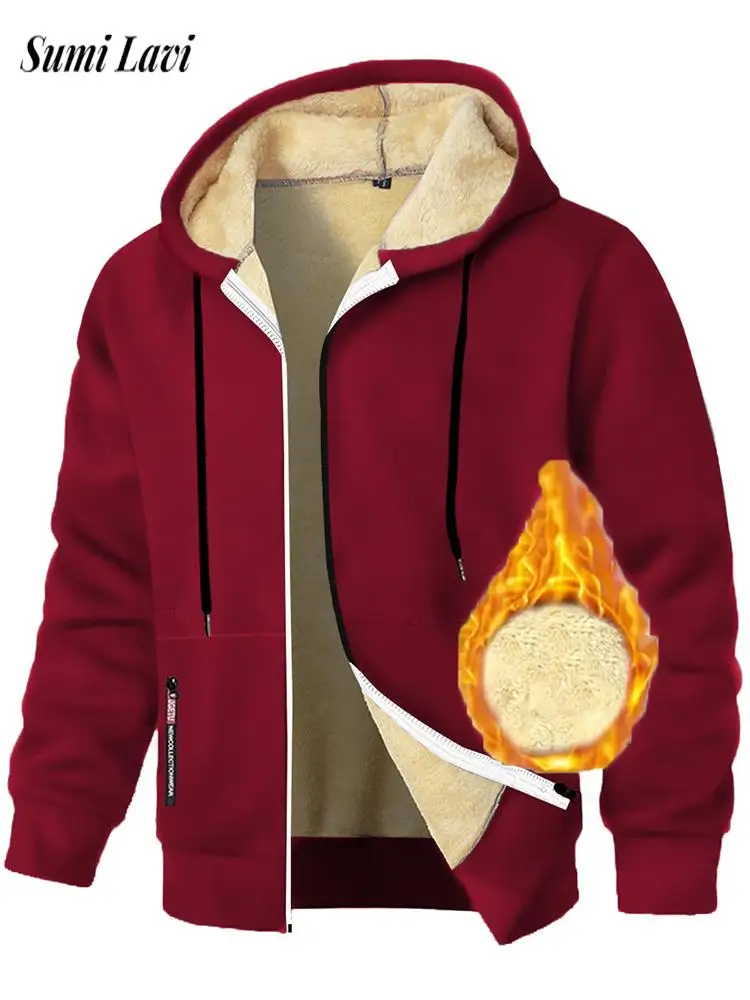 

Casual Zip-up Drawstring Hooded Jackets Mens Fall Winter Fleece Lining Outerwear Vintage Solid Color Wool Liner Men Jacket Coats