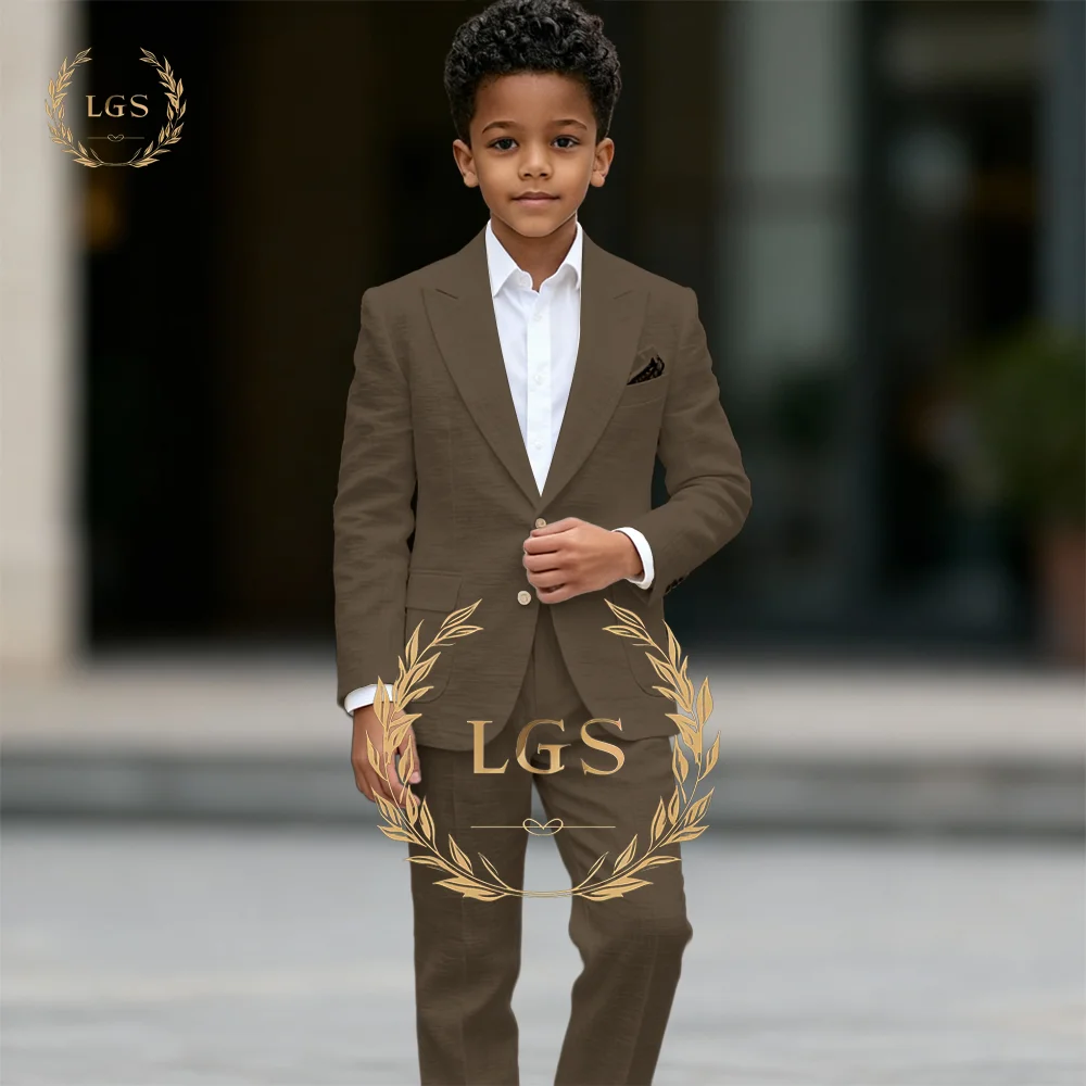 Boys' Stylish 2-Piece Linen Suit Set: Peak Lapel 2-Button Blazer & Pants for Wedding, Party, All Kinds of Formal Occasions