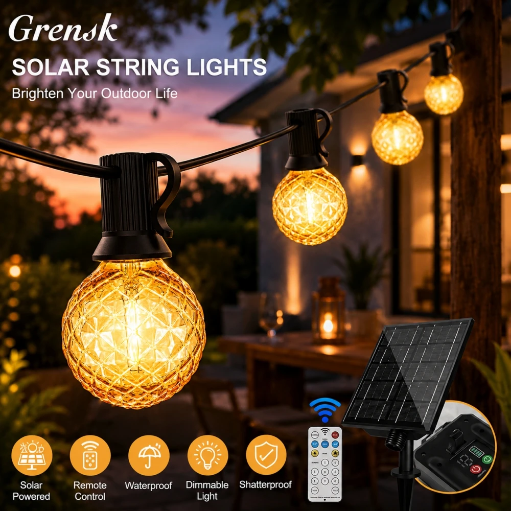 Grensk Fernbedienbare Dimmbare Solar-Lichterkette IP44 Wasserdicht Bruchsicher G40 Diamant-LED Außenbeleuchtung für Garten und Terrasse
