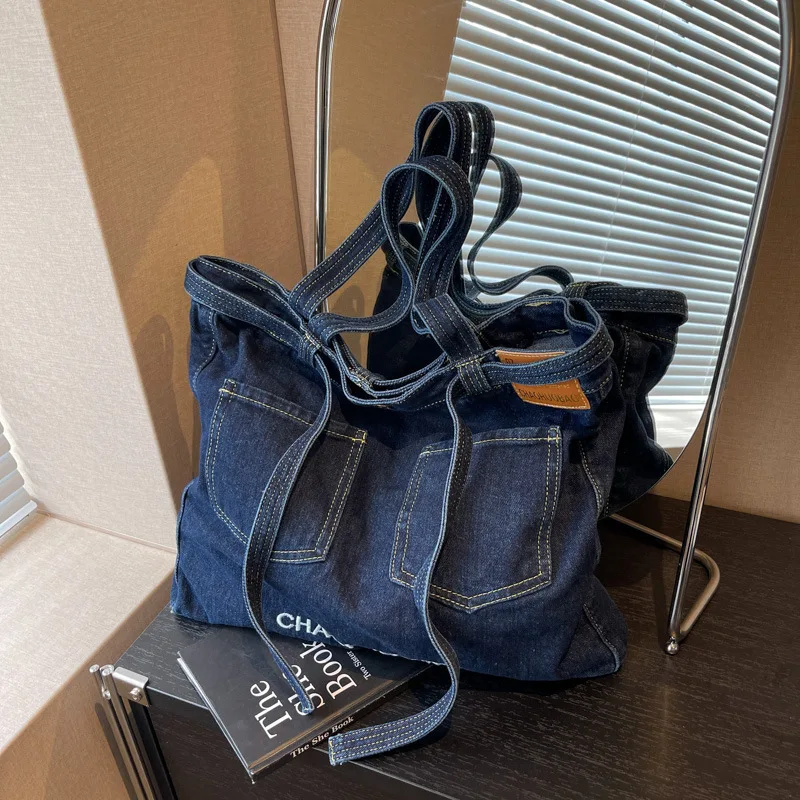 Japanese minimalist denim bag, female letter printed canvas bag