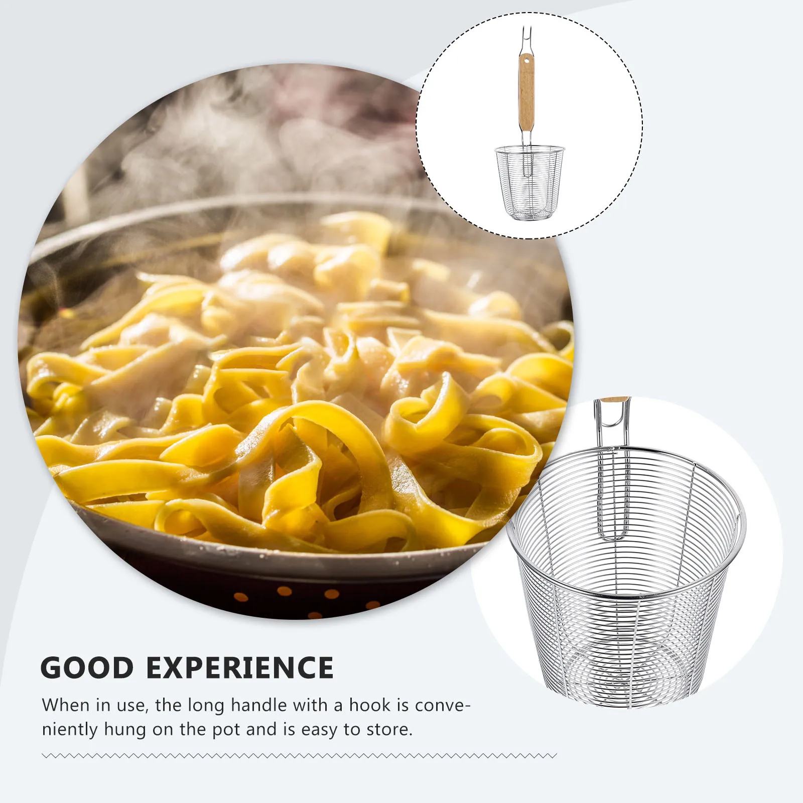 

1pc Spaghetti Basket Stainless Steel Wood Noodle Strainer Heat Resistant For Pasta Dumpling Draining Sieve Kitchen Accessory