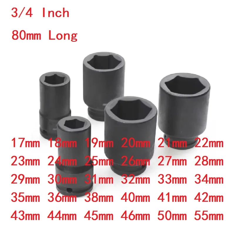 

Ударная шестигранная головка длиной 80 мм, 3/4 дюйма, 6 точек, 17 мм, 18 мм, 19 мм, 20 мм, 21 мм, 22 мм, 23 мм, 24 мм, 25 мм, 26 мм, 27 мм, 28 мм, 29 мм до 55 мм