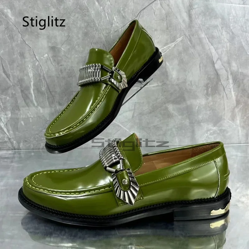 

Green Genuine Leather Men's Dress Shoes Fashion Round Toe Metal Chain Design Loafers Party Banquet Catwalk Shoes High Quality