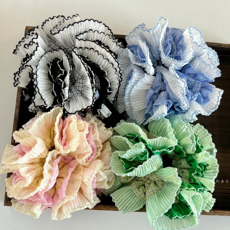 2024 Plaid Patchwork Chiffon Laced Double-layer Large Scrunchie Lolita Girls Korean Oversized Pleated Hair Ties Women Headdress