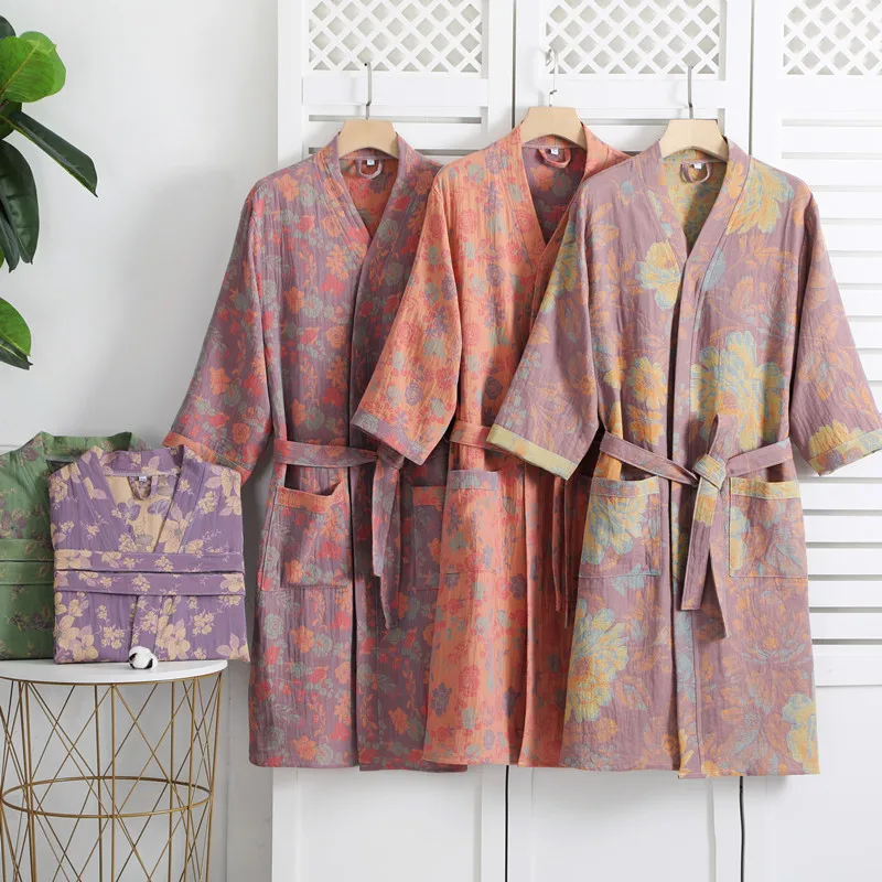 100% Cotton Print Kimono Robes Female Home Clothing Spring Summer New Loose Fitting Bathrobe Pajamas Casual Women Sleepwear